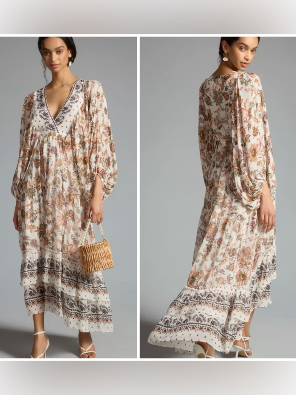 Anthropologie Boho Floral Maxi Dress in Ivory and Rust-Tan